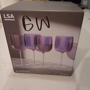 LSA Aurora Polar Violet Purple Handed Painted Set 4 Stemmed Wine Glasses New NIB